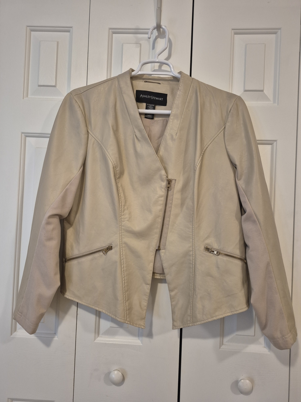 Ashley Stewart Cream Asymmetrical Faux Leather Jacket with Zip Pockets
